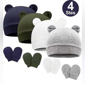 New Newborn Teddy ears Hat and Mittens sets 4 sets